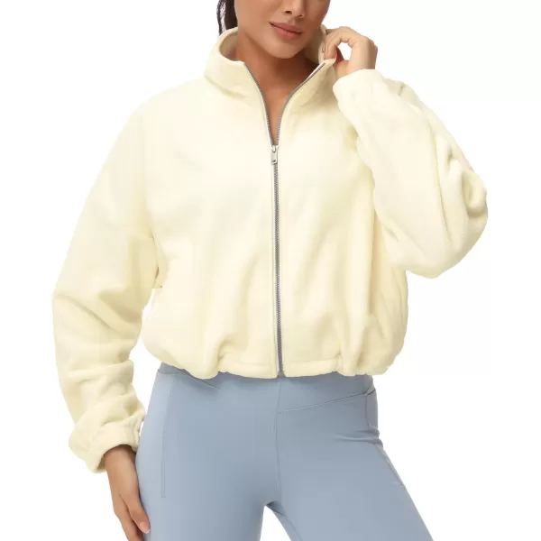 THE GYM PEOPLE Womens Fleece Cropped Jacket Full Zip Stand Collar Workout Short Sherpa Coats with Pockets Drawstring HemBeige