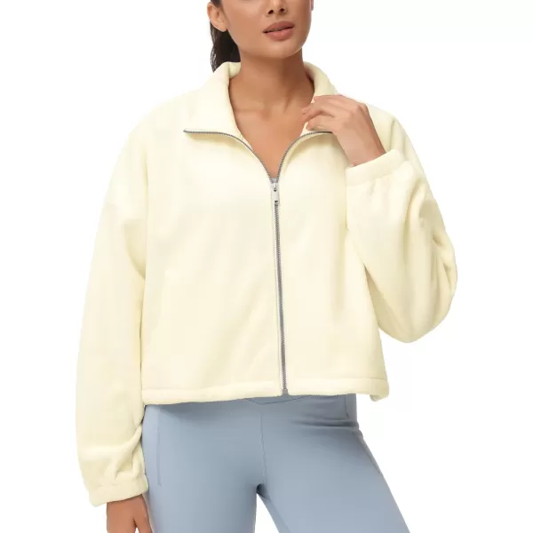 THE GYM PEOPLE Womens Fleece Cropped Jacket Full Zip Stand Collar Workout Short Sherpa Coats with Pockets Drawstring HemBeige