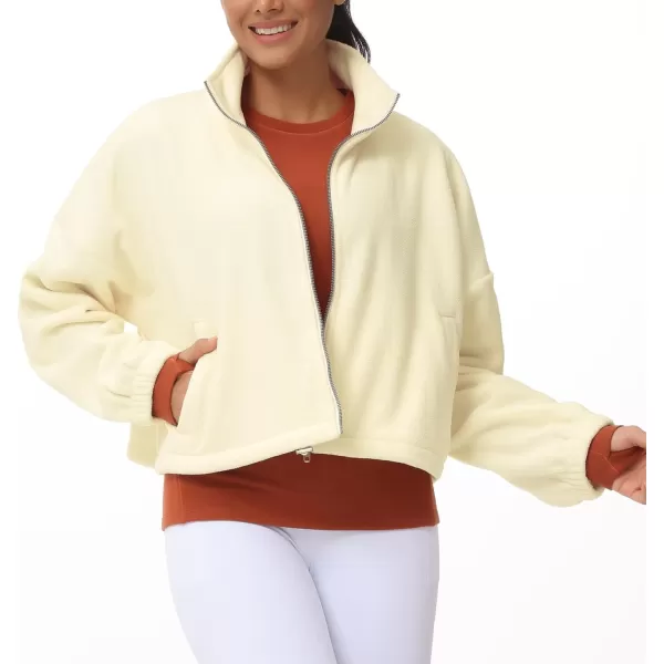 THE GYM PEOPLE Womens Fleece Cropped Jacket Full Zip Stand Collar Workout Short Sherpa Coats with Pockets Drawstring HemBeige