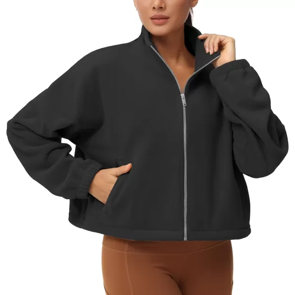 THE GYM PEOPLE Womens Fleece Cropped Jacket Full Zip Stand Collar Workout Short Sherpa Coats with Pockets Drawstring HemBlack