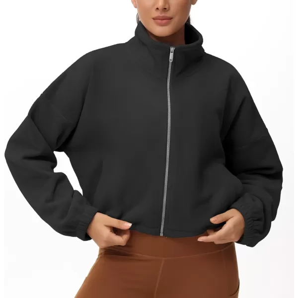 THE GYM PEOPLE Womens Fleece Cropped Jacket Full Zip Stand Collar Workout Short Sherpa Coats with Pockets Drawstring HemBlack
