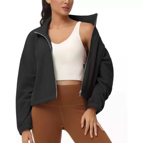 THE GYM PEOPLE Womens Fleece Cropped Jacket Full Zip Stand Collar Workout Short Sherpa Coats with Pockets Drawstring HemBlack