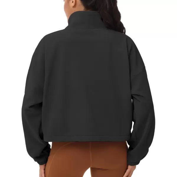 THE GYM PEOPLE Womens Fleece Cropped Jacket Full Zip Stand Collar Workout Short Sherpa Coats with Pockets Drawstring HemBlack