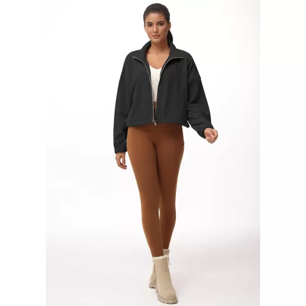 THE GYM PEOPLE Womens Fleece Cropped Jacket Full Zip Stand Collar Workout Short Sherpa Coats with Pockets Drawstring HemBlack