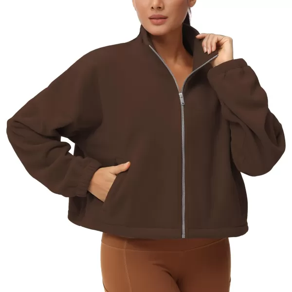 THE GYM PEOPLE Womens Fleece Cropped Jacket Full Zip Stand Collar Workout Short Sherpa Coats with Pockets Drawstring HemBrown