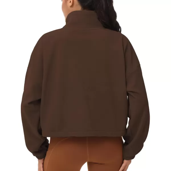 THE GYM PEOPLE Womens Fleece Cropped Jacket Full Zip Stand Collar Workout Short Sherpa Coats with Pockets Drawstring HemBrown