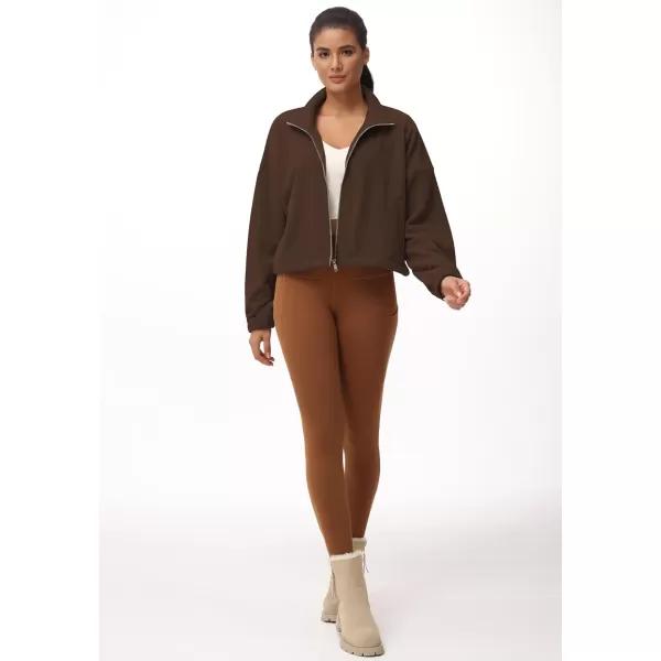 THE GYM PEOPLE Womens Fleece Cropped Jacket Full Zip Stand Collar Workout Short Sherpa Coats with Pockets Drawstring HemBrown
