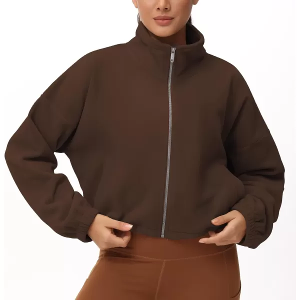 THE GYM PEOPLE Womens Fleece Cropped Jacket Full Zip Stand Collar Workout Short Sherpa Coats with Pockets Drawstring HemBrown
