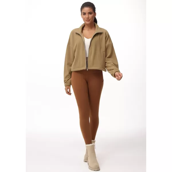 THE GYM PEOPLE Womens Fleece Cropped Jacket Full Zip Stand Collar Workout Short Sherpa Coats with Pockets Drawstring HemCamel