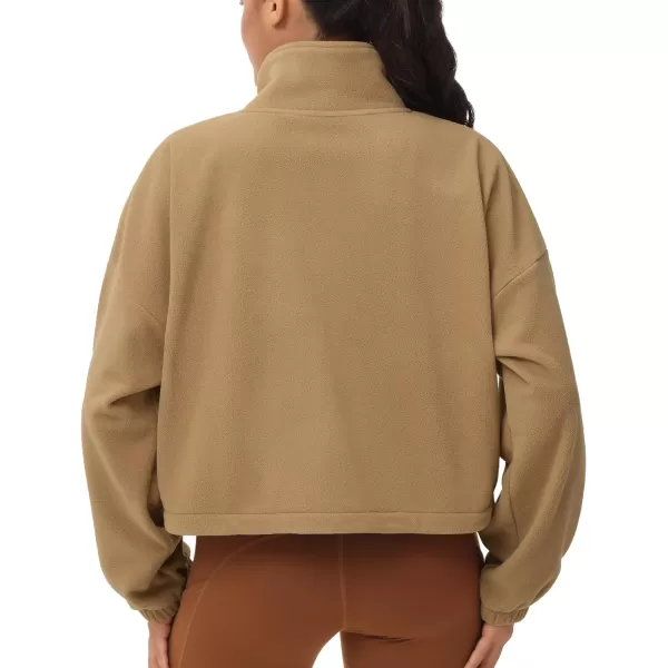 THE GYM PEOPLE Womens Fleece Cropped Jacket Full Zip Stand Collar Workout Short Sherpa Coats with Pockets Drawstring HemCamel