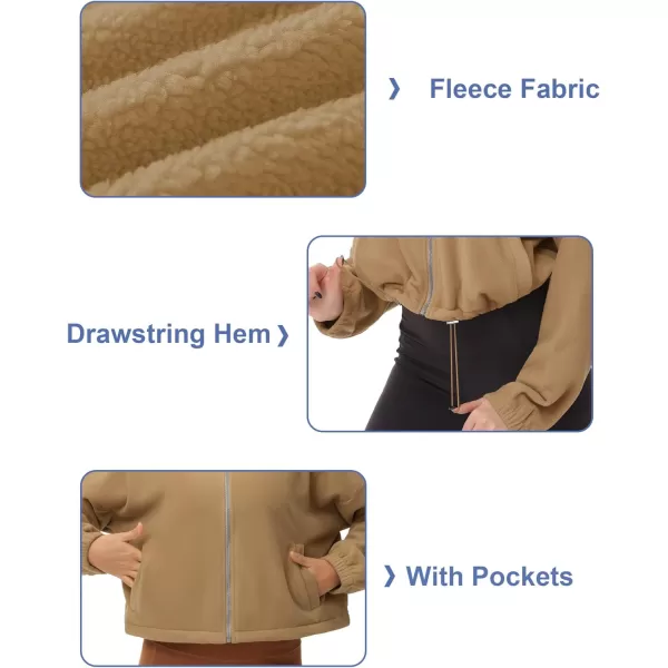 THE GYM PEOPLE Womens Fleece Cropped Jacket Full Zip Stand Collar Workout Short Sherpa Coats with Pockets Drawstring HemCamel