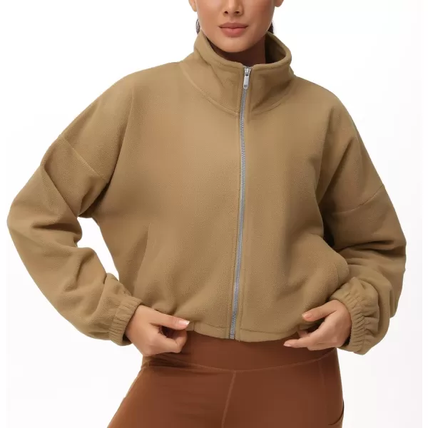 THE GYM PEOPLE Womens Fleece Cropped Jacket Full Zip Stand Collar Workout Short Sherpa Coats with Pockets Drawstring HemCamel