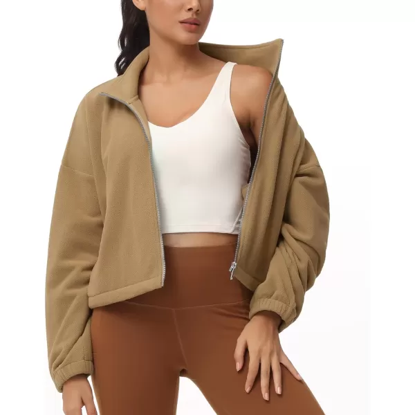 THE GYM PEOPLE Womens Fleece Cropped Jacket Full Zip Stand Collar Workout Short Sherpa Coats with Pockets Drawstring HemCamel