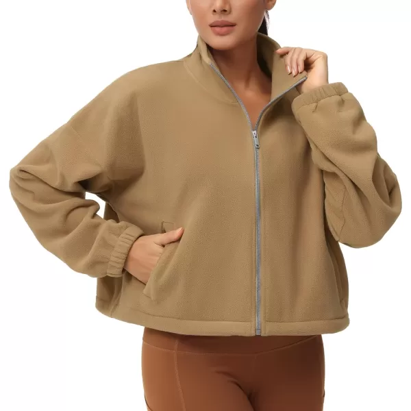 THE GYM PEOPLE Womens Fleece Cropped Jacket Full Zip Stand Collar Workout Short Sherpa Coats with Pockets Drawstring HemCamel