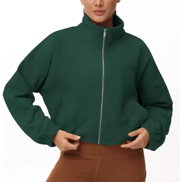 THE GYM PEOPLE Womens Fleece Cropped Jacket Full Zip Stand Collar Workout Short Sherpa Coats with Pockets Drawstring HemDark Green