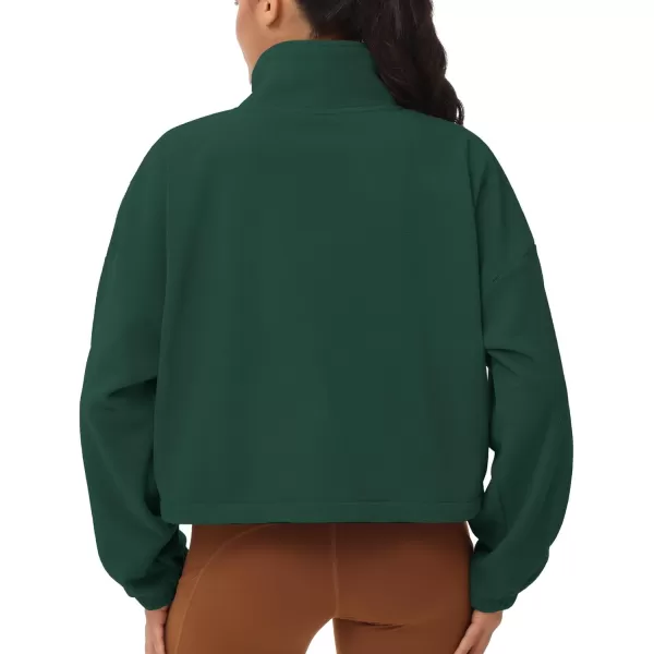 THE GYM PEOPLE Womens Fleece Cropped Jacket Full Zip Stand Collar Workout Short Sherpa Coats with Pockets Drawstring HemDark Green