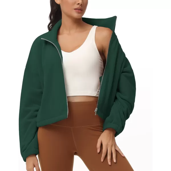 THE GYM PEOPLE Womens Fleece Cropped Jacket Full Zip Stand Collar Workout Short Sherpa Coats with Pockets Drawstring HemDark Green