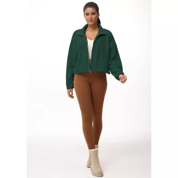THE GYM PEOPLE Womens Fleece Cropped Jacket Full Zip Stand Collar Workout Short Sherpa Coats with Pockets Drawstring HemDark Green