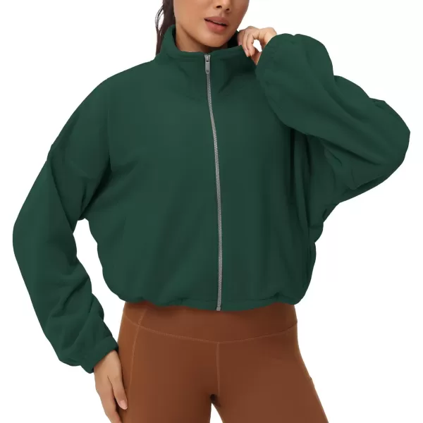 THE GYM PEOPLE Womens Fleece Cropped Jacket Full Zip Stand Collar Workout Short Sherpa Coats with Pockets Drawstring HemDark Green