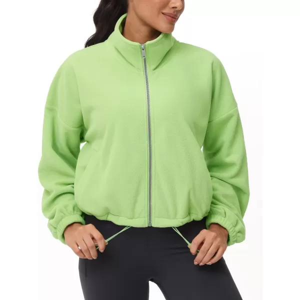 THE GYM PEOPLE Womens Fleece Cropped Jacket Full Zip Stand Collar Workout Short Sherpa Coats with Pockets Drawstring HemLight Green