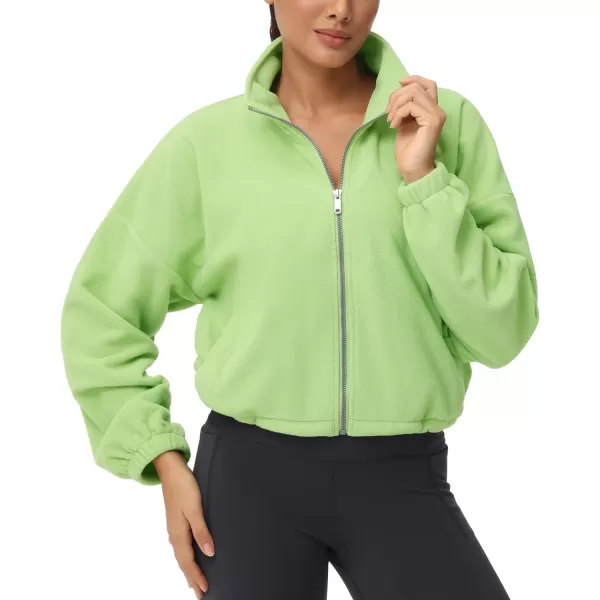THE GYM PEOPLE Womens Fleece Cropped Jacket Full Zip Stand Collar Workout Short Sherpa Coats with Pockets Drawstring HemLight Green
