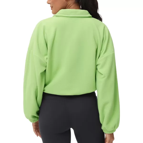 THE GYM PEOPLE Womens Fleece Cropped Jacket Full Zip Stand Collar Workout Short Sherpa Coats with Pockets Drawstring HemLight Green