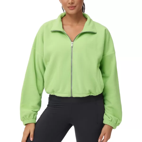 THE GYM PEOPLE Womens Fleece Cropped Jacket Full Zip Stand Collar Workout Short Sherpa Coats with Pockets Drawstring HemLight Green