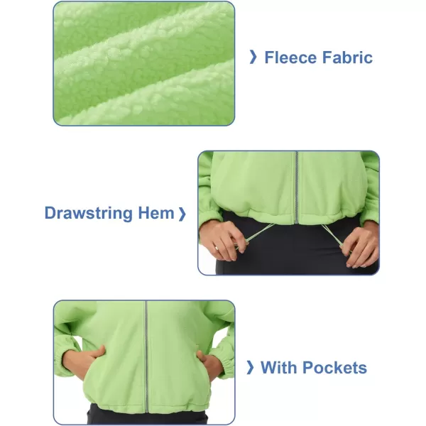 THE GYM PEOPLE Womens Fleece Cropped Jacket Full Zip Stand Collar Workout Short Sherpa Coats with Pockets Drawstring HemLight Green