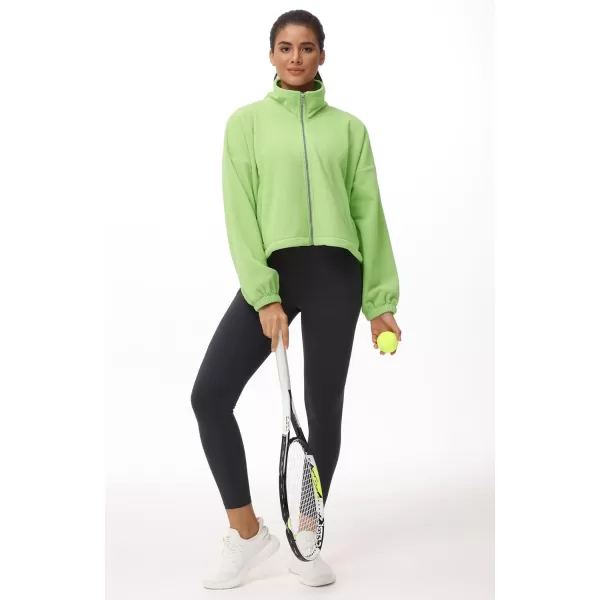 THE GYM PEOPLE Womens Fleece Cropped Jacket Full Zip Stand Collar Workout Short Sherpa Coats with Pockets Drawstring HemLight Green