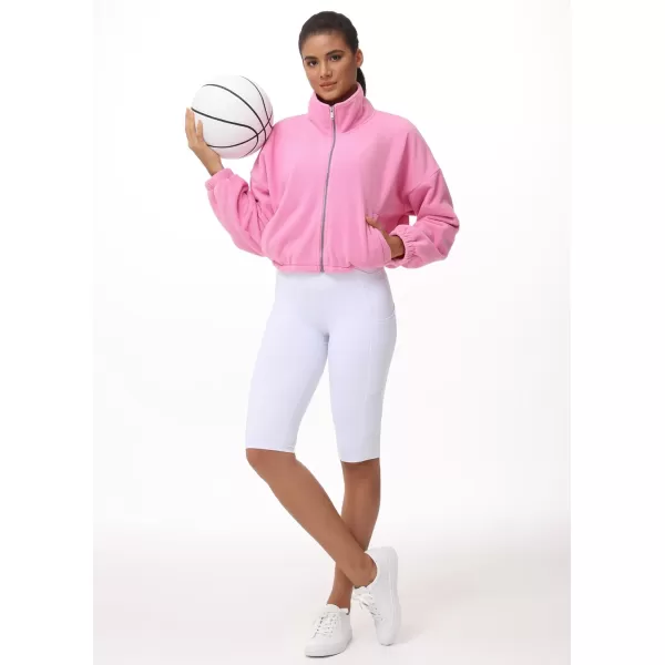THE GYM PEOPLE Womens Fleece Cropped Jacket Full Zip Stand Collar Workout Short Sherpa Coats with Pockets Drawstring HemPink