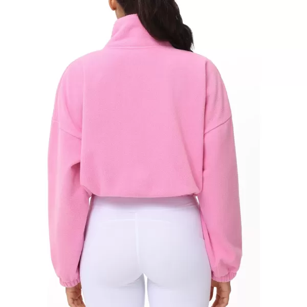THE GYM PEOPLE Womens Fleece Cropped Jacket Full Zip Stand Collar Workout Short Sherpa Coats with Pockets Drawstring HemPink
