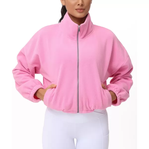 THE GYM PEOPLE Womens Fleece Cropped Jacket Full Zip Stand Collar Workout Short Sherpa Coats with Pockets Drawstring HemPink