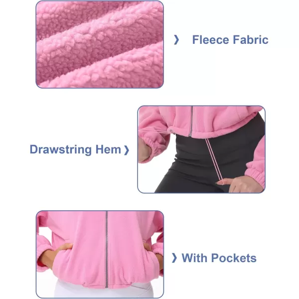 THE GYM PEOPLE Womens Fleece Cropped Jacket Full Zip Stand Collar Workout Short Sherpa Coats with Pockets Drawstring HemPink
