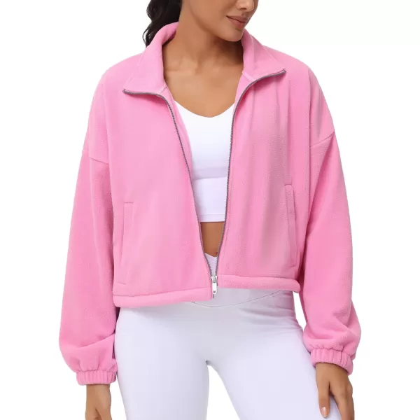 THE GYM PEOPLE Womens Fleece Cropped Jacket Full Zip Stand Collar Workout Short Sherpa Coats with Pockets Drawstring HemPink