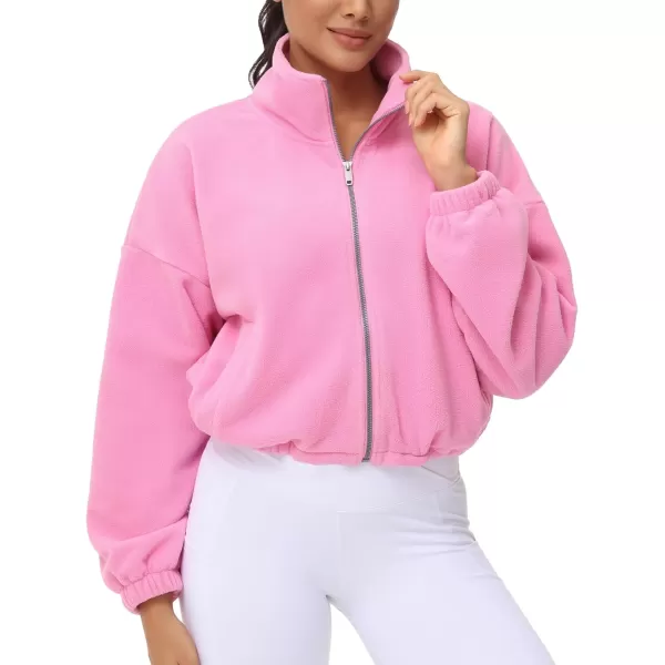 THE GYM PEOPLE Womens Fleece Cropped Jacket Full Zip Stand Collar Workout Short Sherpa Coats with Pockets Drawstring HemPink