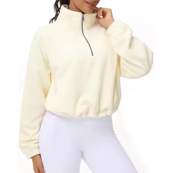THE GYM PEOPLE Womens Half Zip Crop Pullover Sweatshirt Fleece Stand Collar Workout Tops with Pockets Drawstring HemBeige