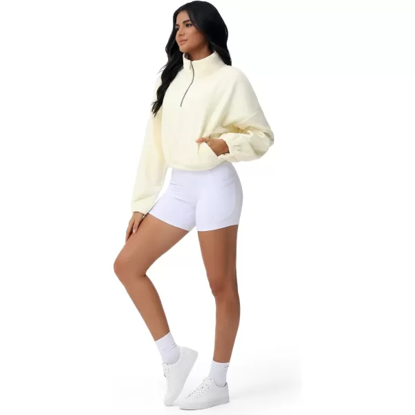 THE GYM PEOPLE Womens Half Zip Crop Pullover Sweatshirt Fleece Stand Collar Workout Tops with Pockets Drawstring HemBeige