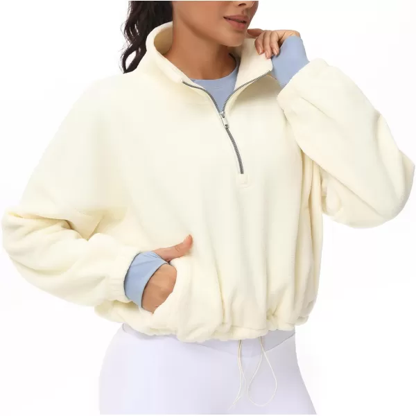 THE GYM PEOPLE Womens Half Zip Crop Pullover Sweatshirt Fleece Stand Collar Workout Tops with Pockets Drawstring HemBeige