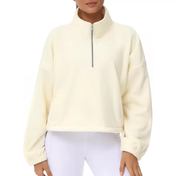 THE GYM PEOPLE Womens Half Zip Crop Pullover Sweatshirt Fleece Stand Collar Workout Tops with Pockets Drawstring HemBeige