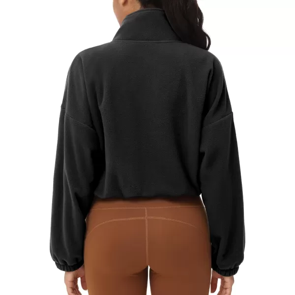 THE GYM PEOPLE Womens Half Zip Crop Pullover Sweatshirt Fleece Stand Collar Workout Tops with Pockets Drawstring HemBlack