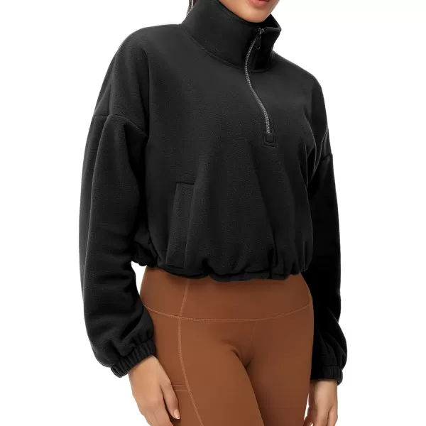 THE GYM PEOPLE Womens Half Zip Crop Pullover Sweatshirt Fleece Stand Collar Workout Tops with Pockets Drawstring HemBlack