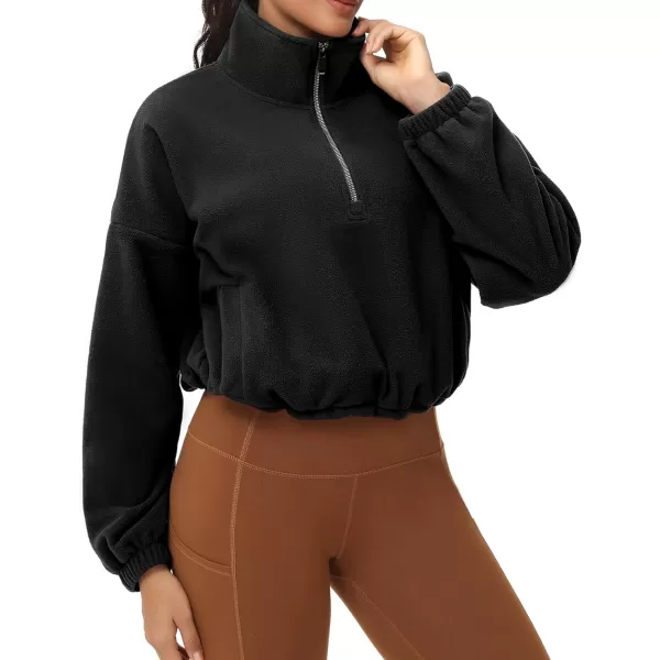 THE GYM PEOPLE Womens Half Zip Crop Pullover Sweatshirt Fleece Stand Collar Workout Tops with Pockets Drawstring HemBlack
