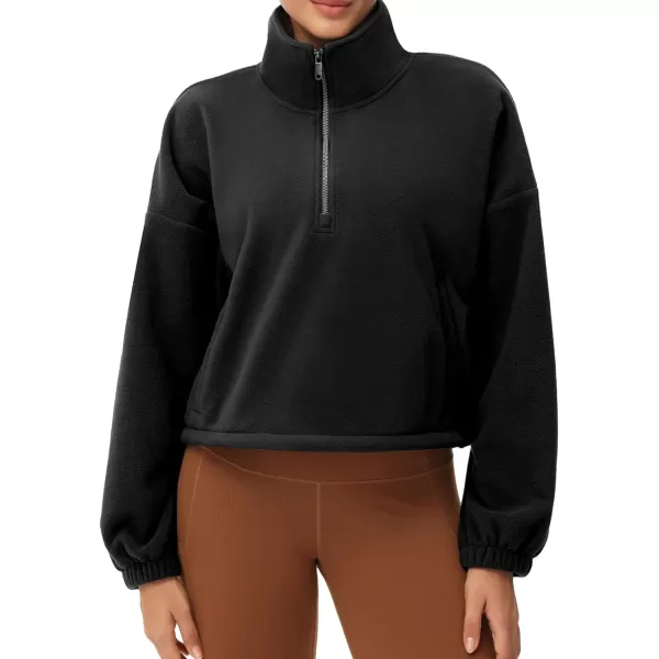 THE GYM PEOPLE Womens Half Zip Crop Pullover Sweatshirt Fleece Stand Collar Workout Tops with Pockets Drawstring HemBlack