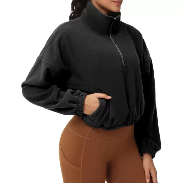 THE GYM PEOPLE Womens Half Zip Crop Pullover Sweatshirt Fleece Stand Collar Workout Tops with Pockets Drawstring HemBlack