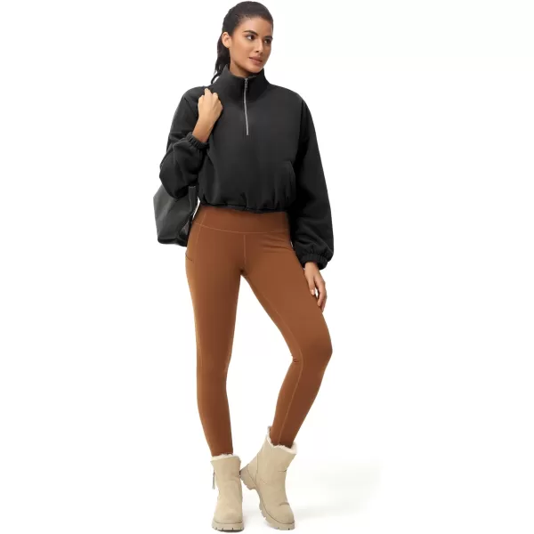 THE GYM PEOPLE Womens Half Zip Crop Pullover Sweatshirt Fleece Stand Collar Workout Tops with Pockets Drawstring HemBlack