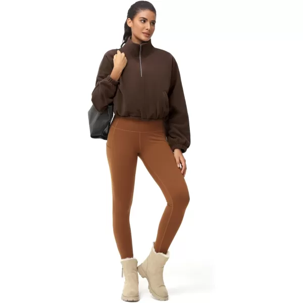 THE GYM PEOPLE Womens Half Zip Crop Pullover Sweatshirt Fleece Stand Collar Workout Tops with Pockets Drawstring HemBrown