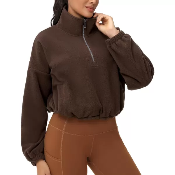 THE GYM PEOPLE Womens Half Zip Crop Pullover Sweatshirt Fleece Stand Collar Workout Tops with Pockets Drawstring HemBrown