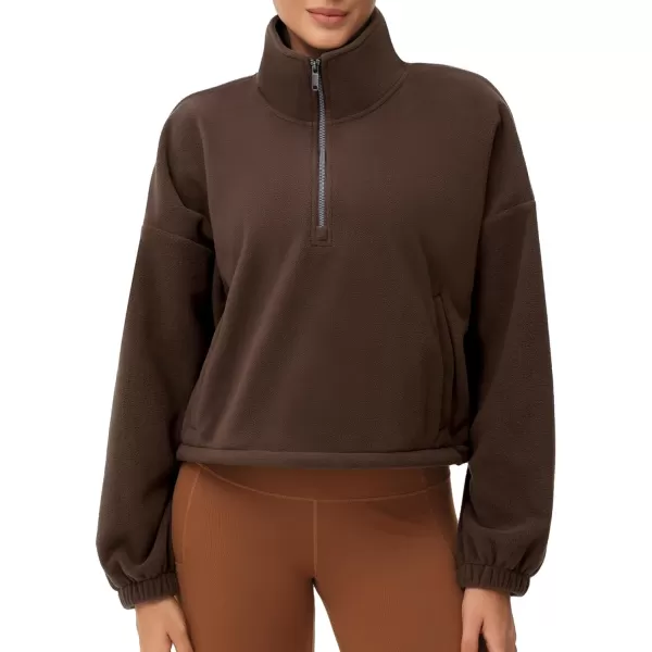 THE GYM PEOPLE Womens Half Zip Crop Pullover Sweatshirt Fleece Stand Collar Workout Tops with Pockets Drawstring HemBrown