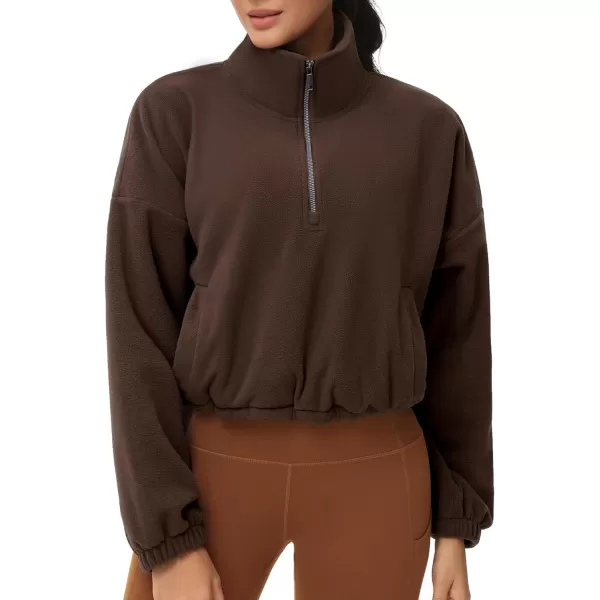 THE GYM PEOPLE Womens Half Zip Crop Pullover Sweatshirt Fleece Stand Collar Workout Tops with Pockets Drawstring HemBrown