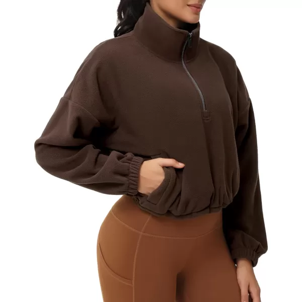 THE GYM PEOPLE Womens Half Zip Crop Pullover Sweatshirt Fleece Stand Collar Workout Tops with Pockets Drawstring HemBrown